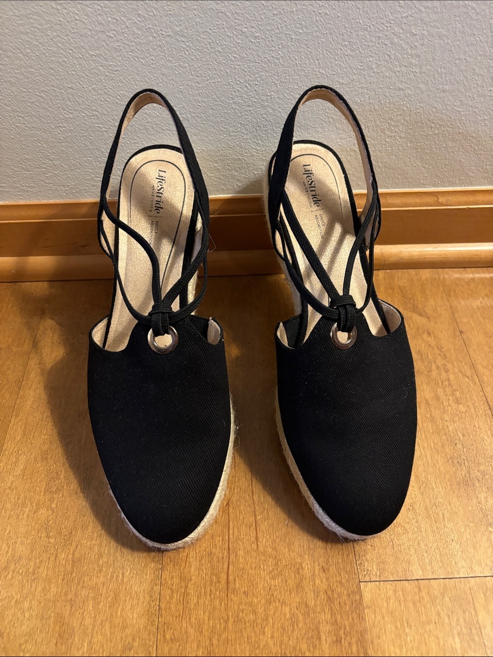Life Stride Black Canvas Espadrille Wedge Slingbacks